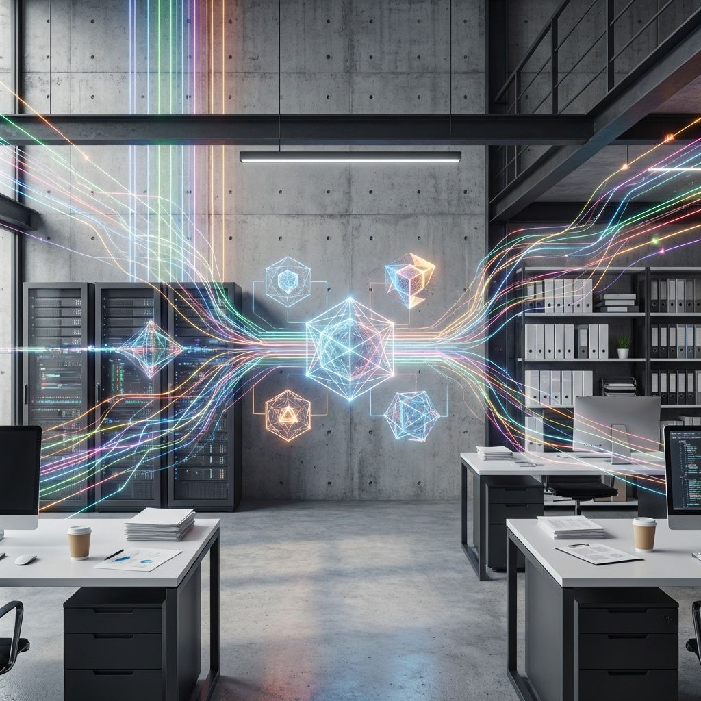 Forestil dig et makrofotografi af en moderne, tidssvarende økonomiavdeling, hvor superdetaljerede, abstrakte former repræsenterer data, informationsstrømme og AI-energi. Billedet viser et klimprende netværk af lysende, kreative linjer, der strækker sig gennem rummet som digitale nervebaner, på tværs af rå, industrielle materialer og organiserede datahylder. Midt i rummet svæver oplyste, geometriske former – abstrakte dataobjekter – i en harmonisk dans, der illustrerer AI-agenternes indtrængen i den menneskelige arbejdsproces uden synlige mennesker, men med en tydelig følelse af aktivitet og bevægelse. Det er et signal om den usynlige, men kraftfulde dataflytning, hvor teknologi omformer og påvirker arbejds- og økonomimiljøet. Billedet opsummerer en realitetsbaseret og dokumentarisk scene, hvor den digitale transformation manifesterer sig gennem energiske, farverige strømninger af lys, der gennemtrænger et kontorlandskab fyldt med moderne, minimalistiske materialer. Det visuelt understreger, hvordan AI agente