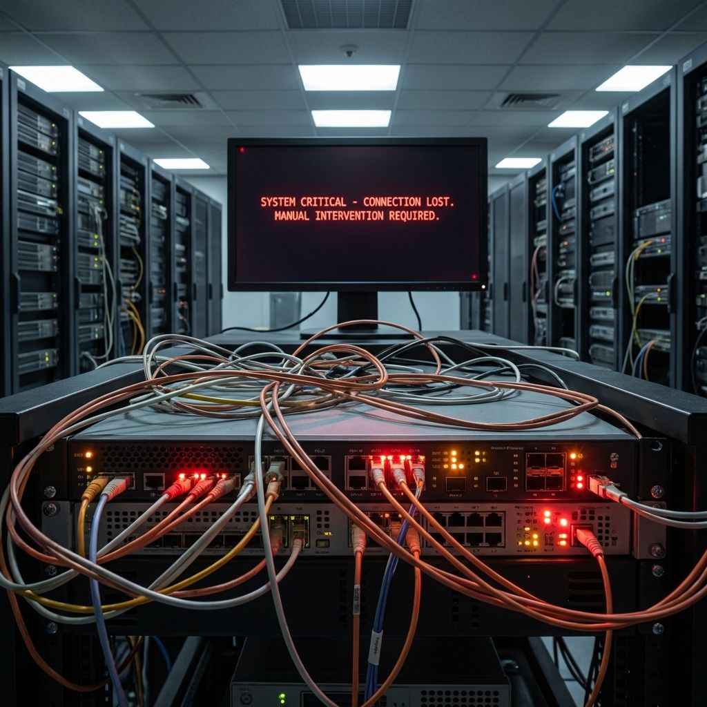 Det mest fængende og realistiske billede, der illustrerer den centrale artikel om AI-nedbruddet, bør visualisere den underliggende effekt af teknologisk afhængighed i hverdagen uden at bruge mennesker eller futuristiske elementer. Kunne man forestille sig en nærbillede af en stor, kompleks server- eller netværksinfrastruktur med Adskilte, kablede interfacere, der viser statusindikatorer i rødt og gult, symboliserende en nedbrudssituation? Det ville fremhæve de tekniske og logistiske aspekter uden at overdrive, og det giver en dokumentaristisk følelse af, hvordan teknologi er integreret i vores samfund. Derudover vil en scene, hvor en tom, mørk internet- eller datacenter-operationsrum med kun en enkelt, blinkende fejlmeddelelse på en stor skærm, understrege sårbarheden og det stille kaos, der kan opstå, når kritiske systemer svigter. Denne komposition, med fokus på maskinel infrastruktur og fraværet af mennesker, skaber et dramisk, men troværdigt billede af, hvordan afhængighed af AI-tjenester kan manifestere
