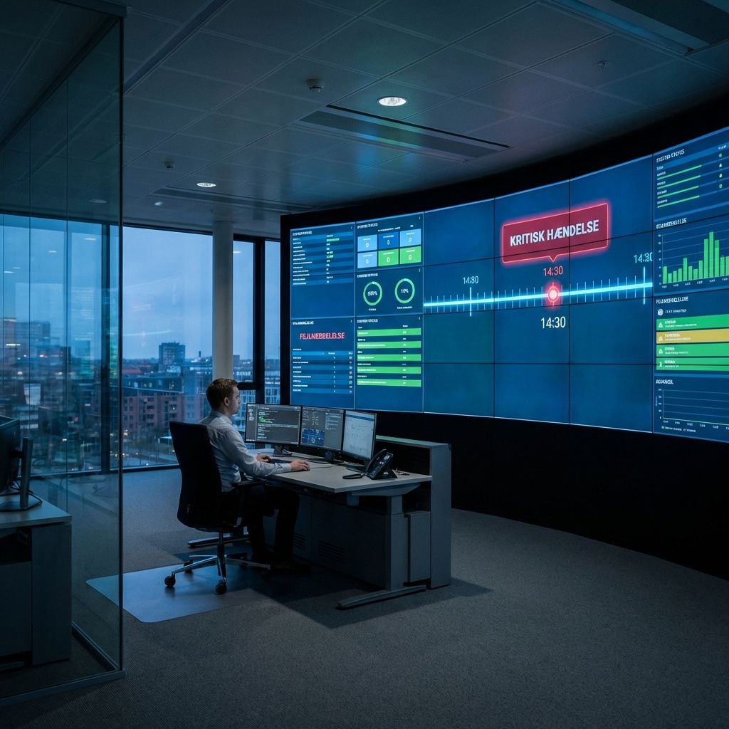 Det mest fængende og spændende billede, der kan visualisere den nævnte artikelsetning, er en realistisk skildring af en moderne, højhastigheds- og fleksibel IT-infrastruktur i en offentlig eller privat organisation, hvor digital afhængighed er tydelig. Forestil dig en stor, minimalistisk kontrolrumslignende scene med en række gigantiske, kurvede skærme, der viser aktive dashboards med systemstatus, fejlmeddelelser og advarsler. På væggen er en stor, digital tidslinje, der markerer nedbruddet, med lysende punkter og tidspunkter, hvilket symboliserer en kritisk kritisk hændelse. Atmosfæren er dæmpet, med blåt og grønt lys, der indikerer systemernes overvågning, og der er en mindste mængde tegn på menneskelig tilstedeværelse – måske en enkelt person overvåger systemerne på en central station, hvilket understreger, hvor uundværlig teknologien er, men også hvor sårbar den er. I horisonten kan man ane en byskygge eller et bybånd gennem klarglasruder, hvilket repræsenterer den bredere samfundsmæssige påvirkning – a