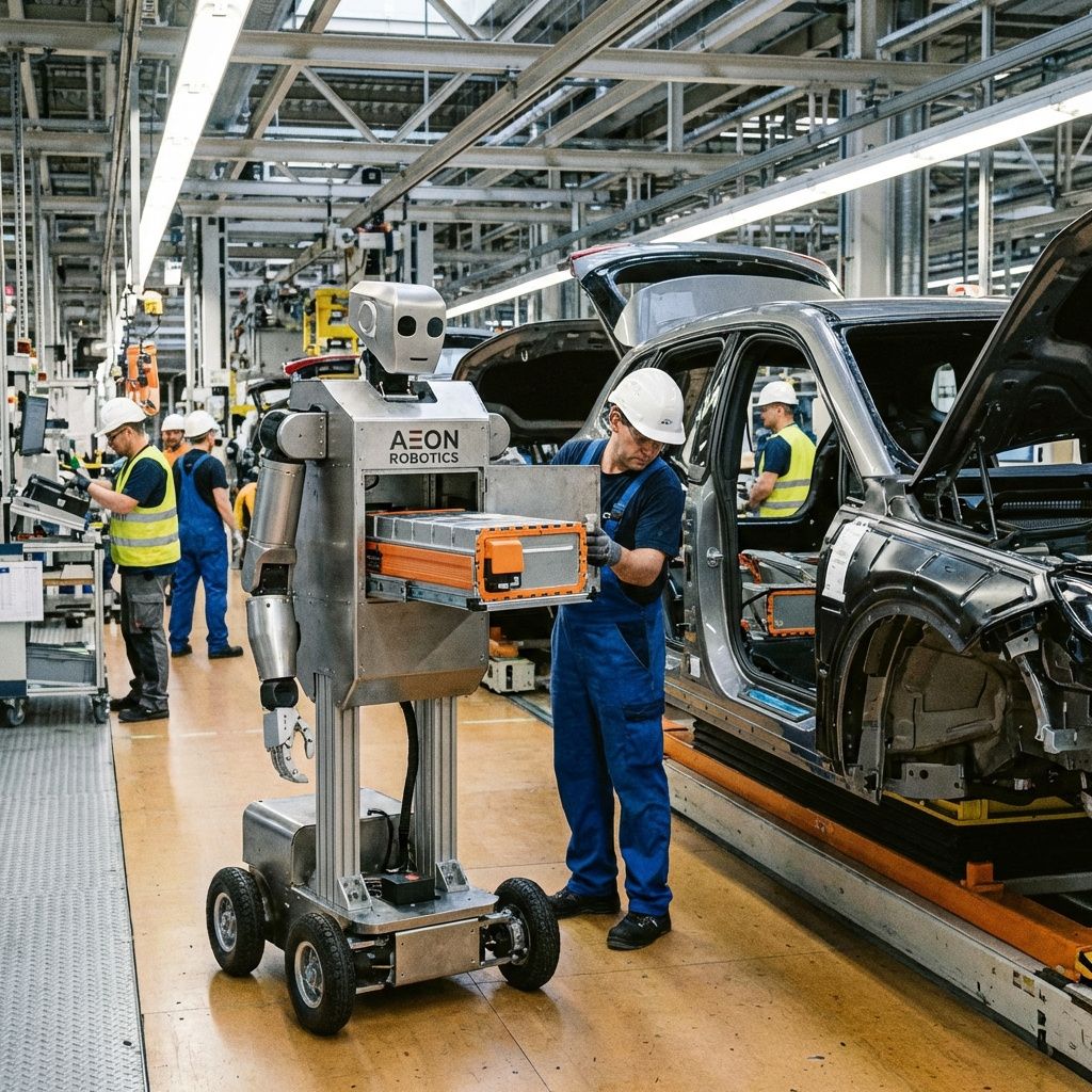Dokumentarisk pressefoto af AEON-humanoid i BMWs produktionshal i Leipzig: hjuldrevet humanoid ~1,65 m ved en bilsamlebåndsplads, synligt udskifteligt batteri i åben batteri-slot, robotens Dokumentarisk pressefoto af AEON-humanoid i BMWs produktionshal i Leipzig: hjuldrevet humanoid ~1,65 m ved en bilsamlebåndsplads, synligt udskifteligt batteri i åben batteri-slot, robotens