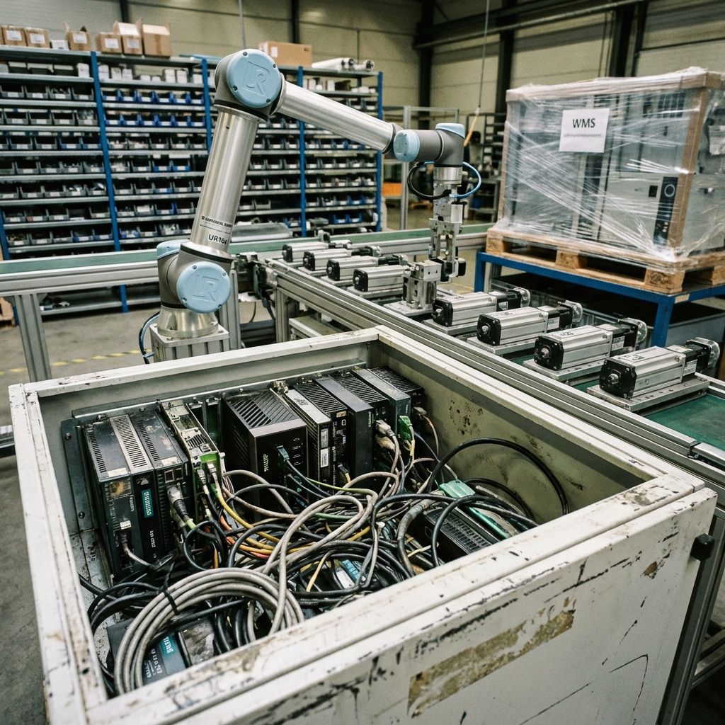 Dokumentarisk pressefoto fra produktionshal: tæt, lav vinkel på montageområde med række præcisionsaktuatorer og en kollaborativ robotarm ved en samlebane; i forgrunden en åben rack med højtydende edge-compute-moduler og kabler, synlige mærker og industriel slitage, i baggrunden reoler med små dele og en pallet med indpakket WMS-udstyr. Skarp dybdeskarp Dokumentarisk pressefoto fra produktionshal: tæt, lav vinkel på montageområde med række præcisionsaktuatorer og en kollaborativ robotarm ved en samlebane; i forgrunden en åben rack med højtydende edge-compute-moduler og kabler, synlige mærker og industriel slitage, i baggrunden reoler med små dele og en pallet med indpakket WMS-udstyr. Skarp dybdeskarp