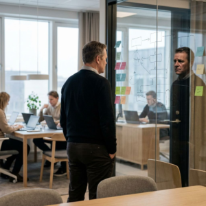 Medarbejder i moderne kontor ser på arbejdsgange på glasvæg mens kolleger arbejder i baggrunden