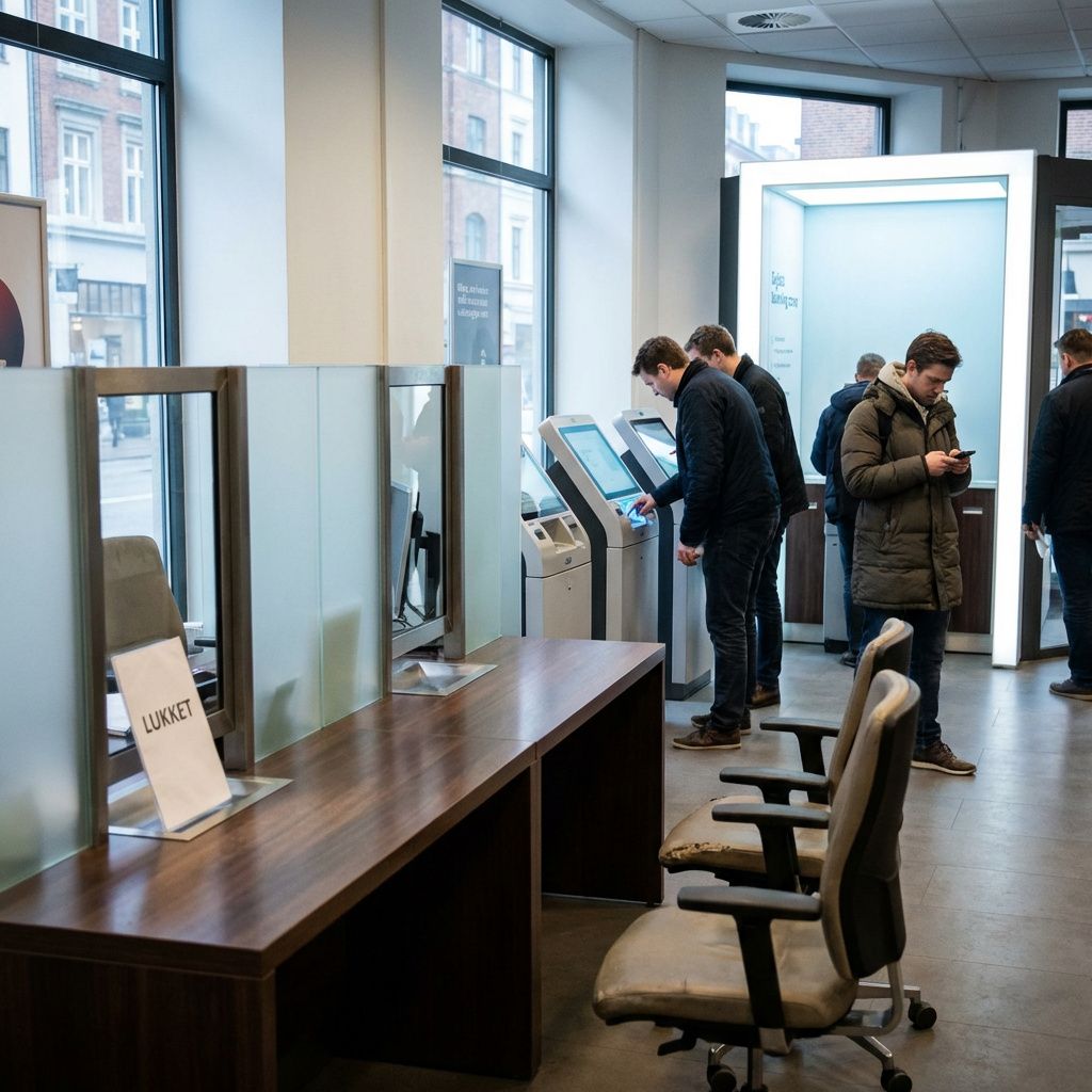 Stille bankskranke mens kunder bruger mobilbank og selvbetjening