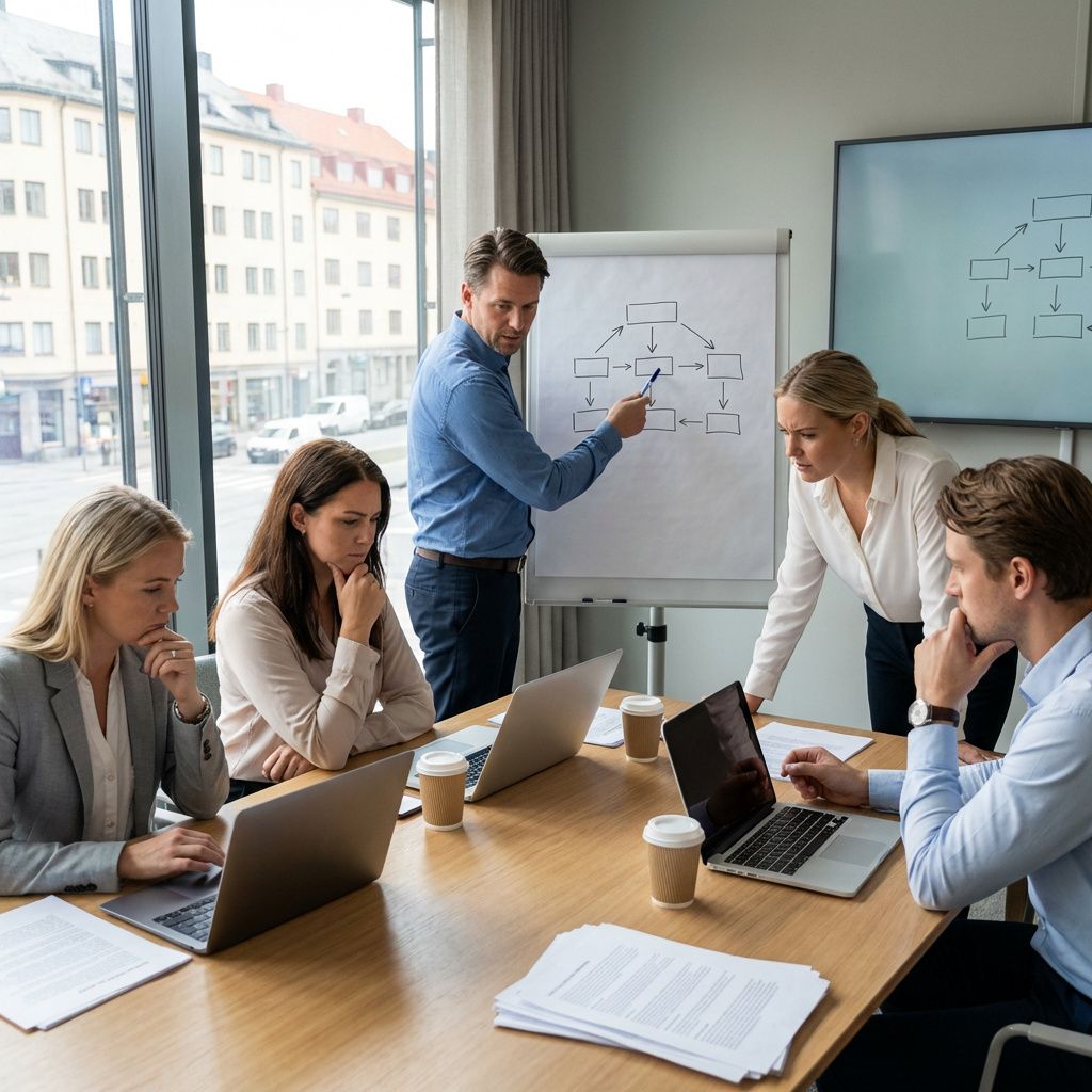 Team diskuterer arbejdsgange og fremtidige roller i mødelokale