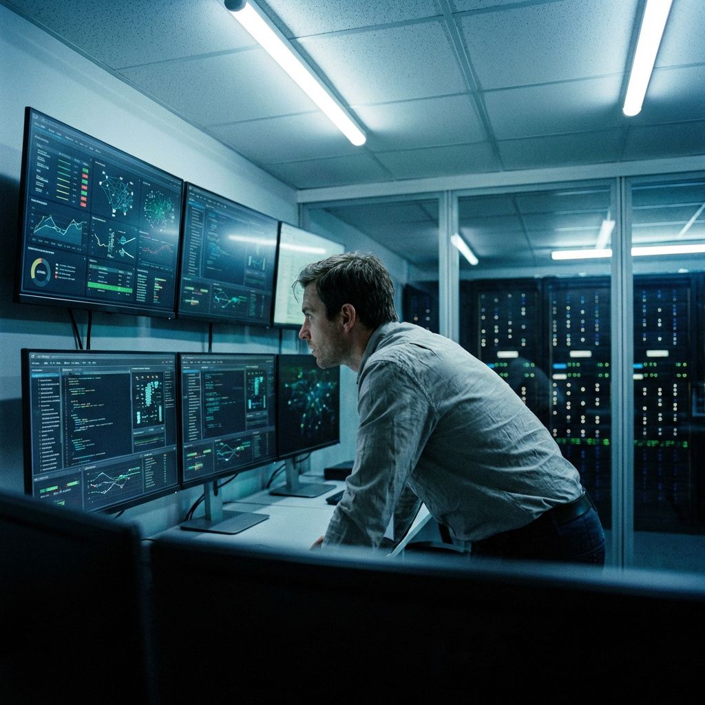 It-medarbejder i et kontrolrum med skærme og servermiljø, der illustrerer cloud-drift og sikker infrastruktur