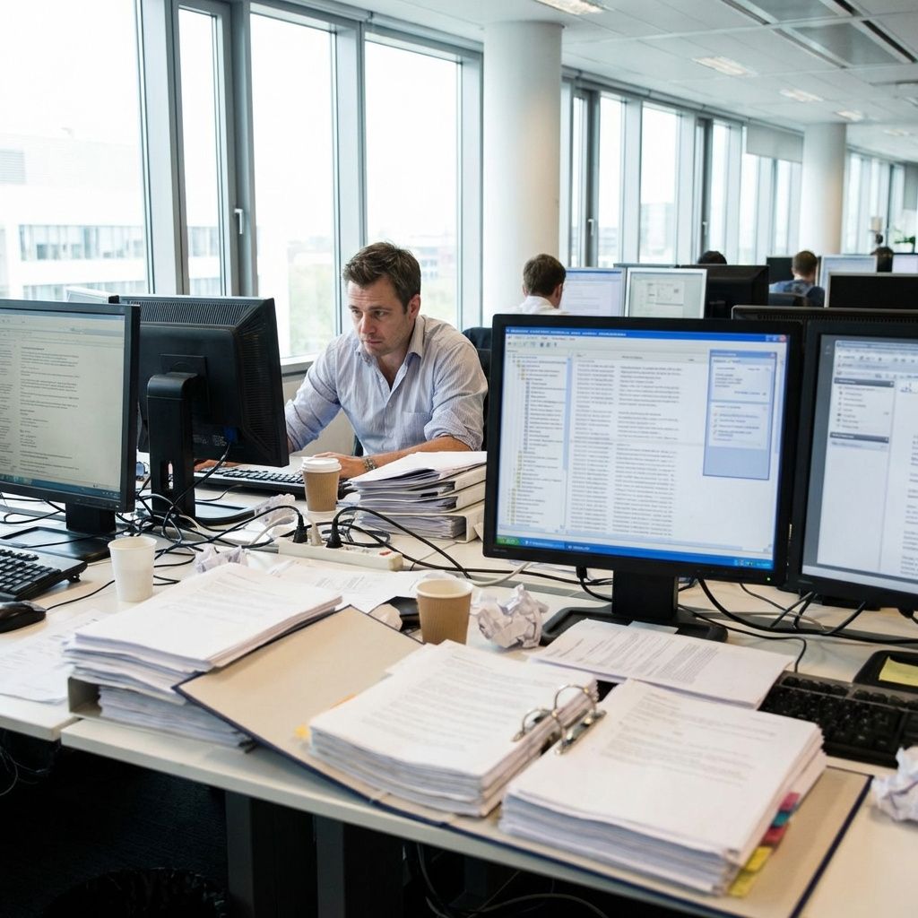 Medarbejder arbejder med store dokumentmængder og lange AI-kontekster på flere skærme.