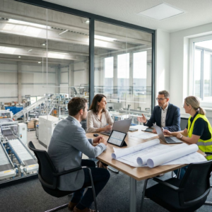 Medarbejdere hos en industrivirksomhed arbejder sammen i et mødelokale med udsigt til fabrikshallen.
