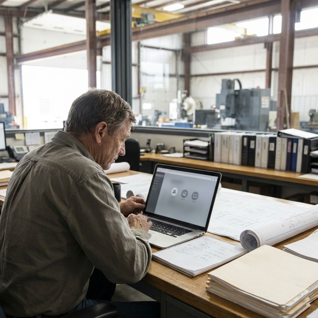 Kontormedarbejder i industrivirksomhed arbejder med laptop og tekniske dokumenter.