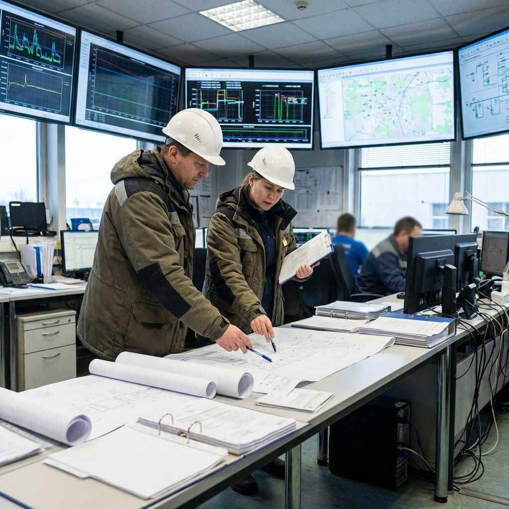 To specialister gennemgår data og dokumenter i et projektrum hos en industrivirksomhed.
