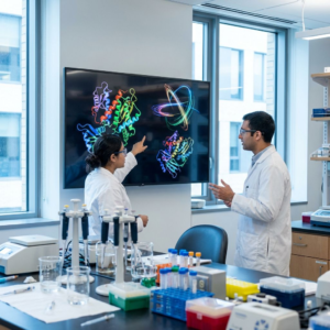Forskere i et laboratorie ser på visualiseringer af proteiners bevægelse på en skærm.