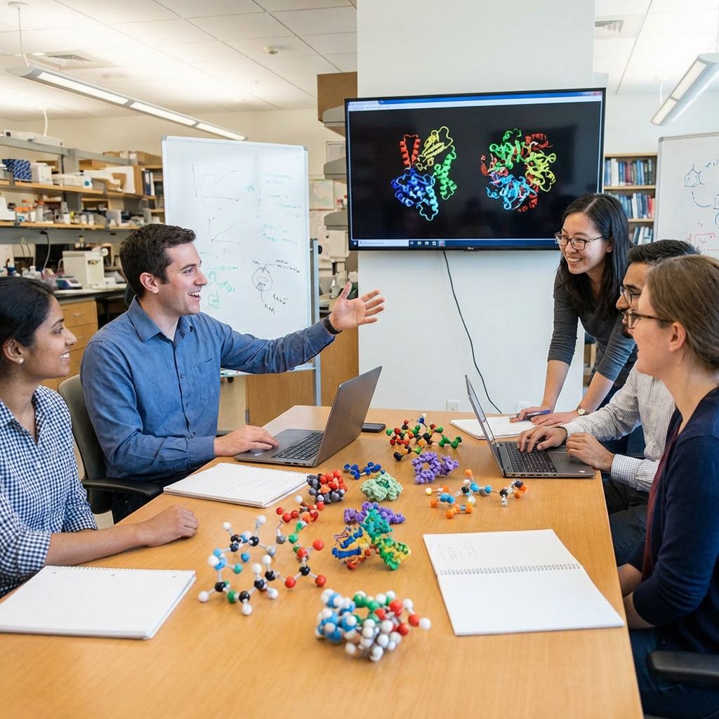 Et forskerteam diskuterer proteindesign foran en skærm med molekylære visualiseringer.
