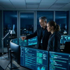 Sikkerhedsleder og DevOps-ingeniør gennemgår logs og kode i et overvågningsrum efter en sikkerhedshændelse