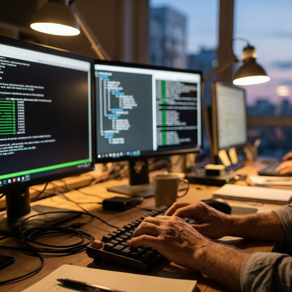 Udvikler arbejder ved terminal og build-miljø under gennemgang af afhængigheder og logs