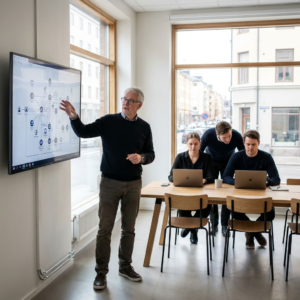 Medarbejdere på kontor gennemgår dataflow og styring af AI-systemer på tværs af flere datakilder