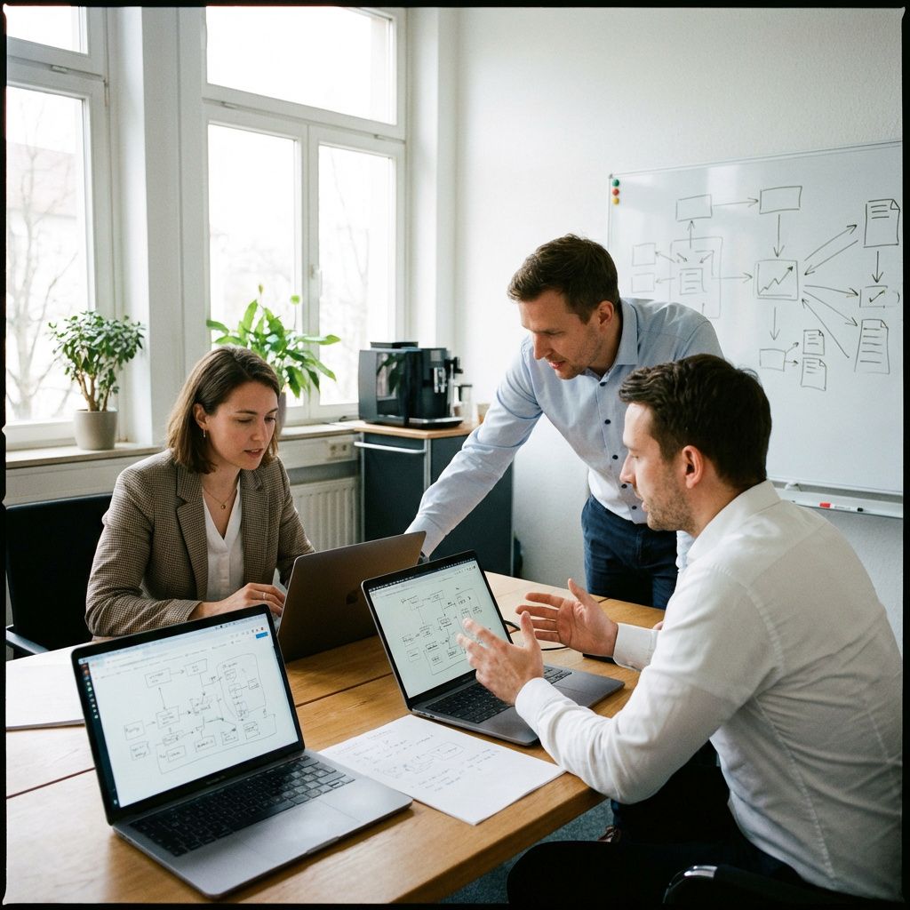 Medarbejdere fra it, forretning og compliance diskuterer governance, adgangsregler og sporbarhed