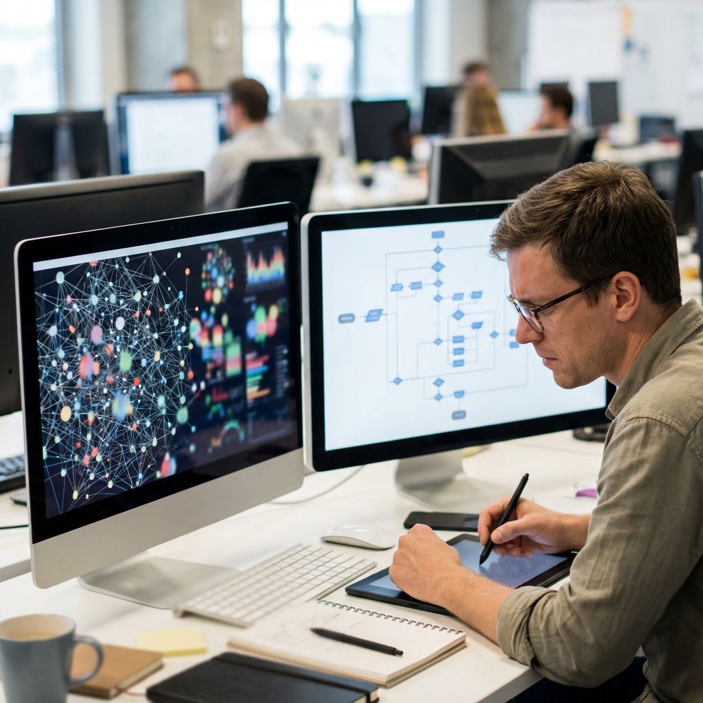Dataanalytiker undersøger sporbarhed og dataproblemer i et AI-workflow på kontoret