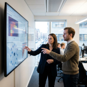 To medarbejdere gennemgår sikkerheden i en AI-løsning foran en skærm på et kontor.