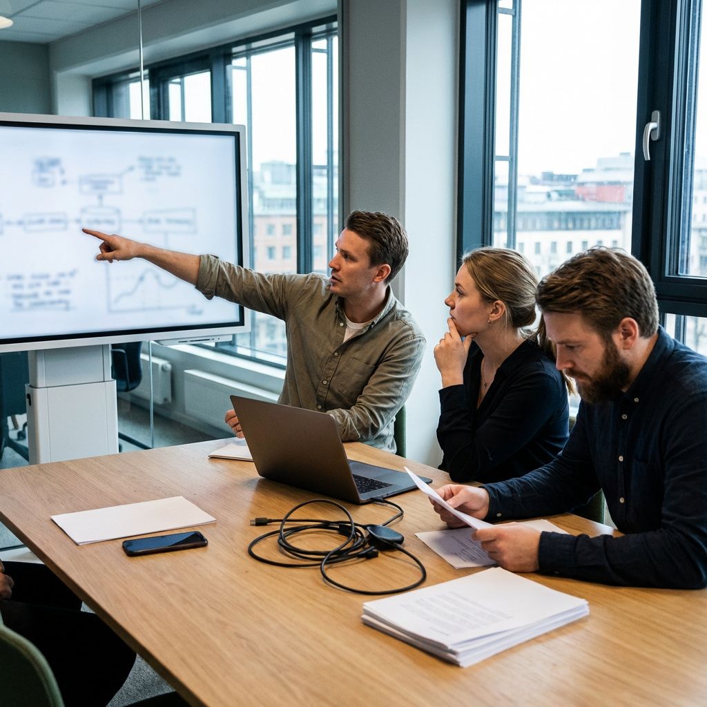 Et team drøfter risici og kontroller i en AI-integration på et møde.