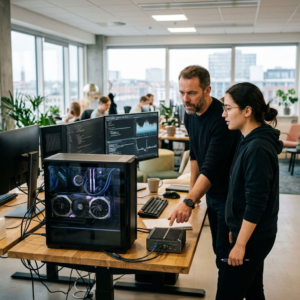 To medarbejdere ved en kraftig workstation og en lille edge-enhed i et kontor, som illustrerer lokal AI fra desktop til større drift.