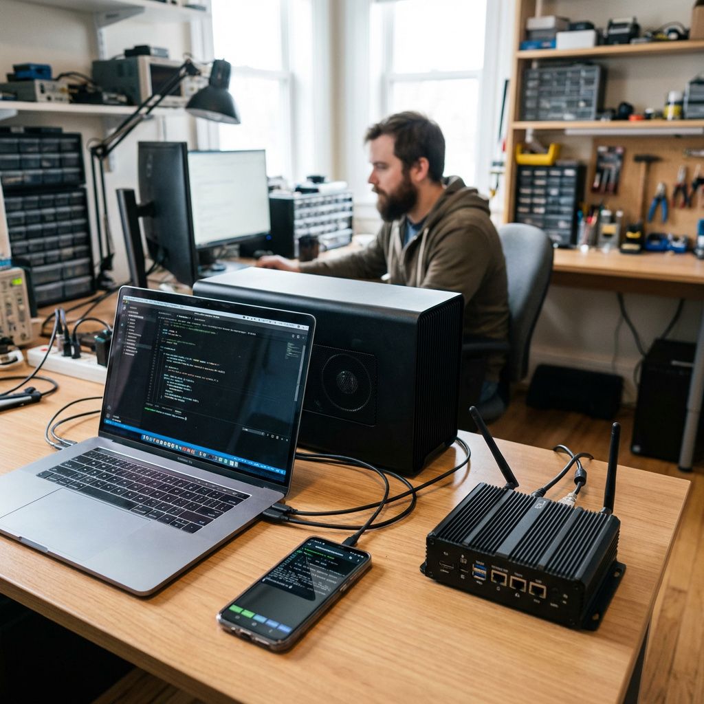 Skrivebord med computer, kompakt hardware og mobil som symbol på workstation- og edge-AI.