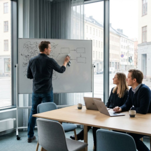 Projektmøde i et kontor, hvor en kompleks AI-skitse forenkles til én enkel arbejdsgang på et whiteboard.