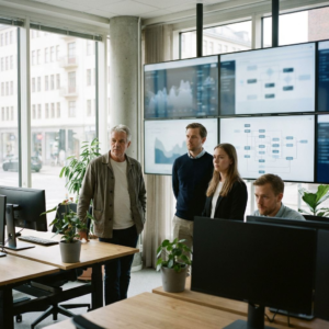 Pressefoto af et AI-team på kontor, der arbejder med styring og moderation af AI-systemer