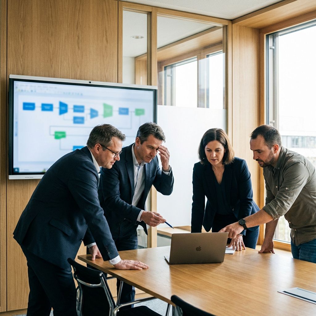 Ledelse og teknisk team diskuterer kontrol og udrulning af AI-løsninger