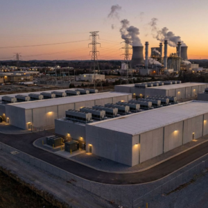 Moderne datacenter med tilhørende energiinfrastruktur og naturgaskraftværk i baggrunden ved skumring