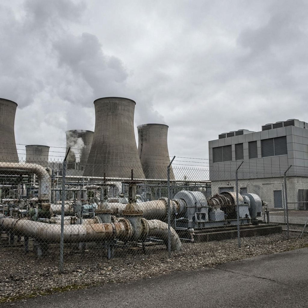 Rør og turbineudstyr ved et naturgaskraftværk tæt på et datacenter