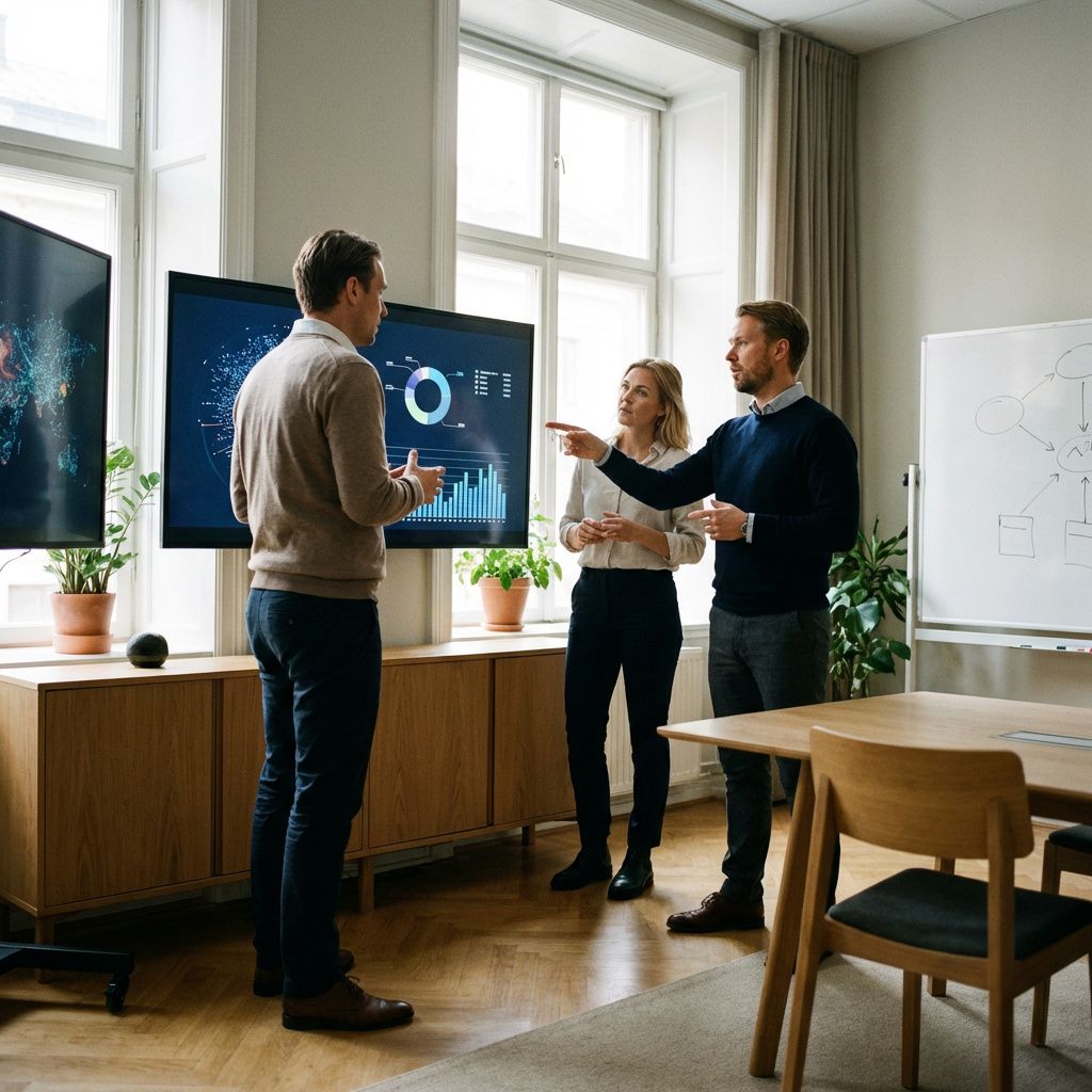 Virksomhedsteam der drøfter valg af AI-platform i et mødelokale
