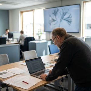 AI-specialist på kontor arbejder med en struktureret vidensbase i markdown og dokumenter på skrivebordet.