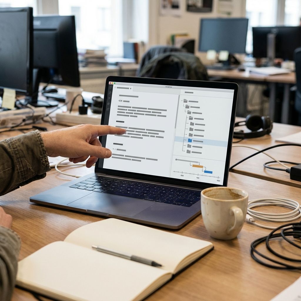 Nærbillede af laptop med markdown-dokument og filstruktur på en let rodet arbejdsplads.