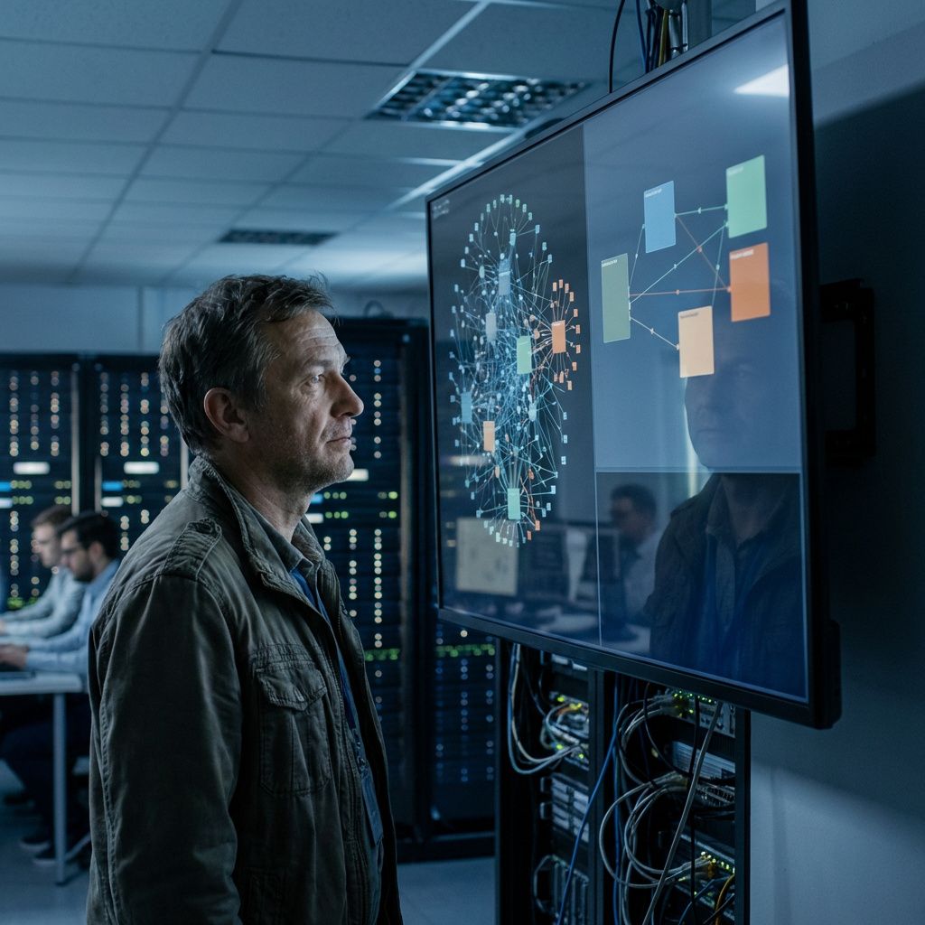 Systemansvarlig ser på teknisk dashboard, der illustrerer valg mellem tung AI-infrastruktur og enklere dokumentbaseret løsning.