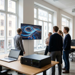 Udviklere og produktfolk i et moderne kontor ser på et AI-flow på en stor skærm.