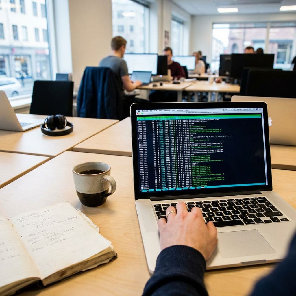 En bærbar computer med terminaloutput og en udvikler ved tastaturet i et kontormiljø.