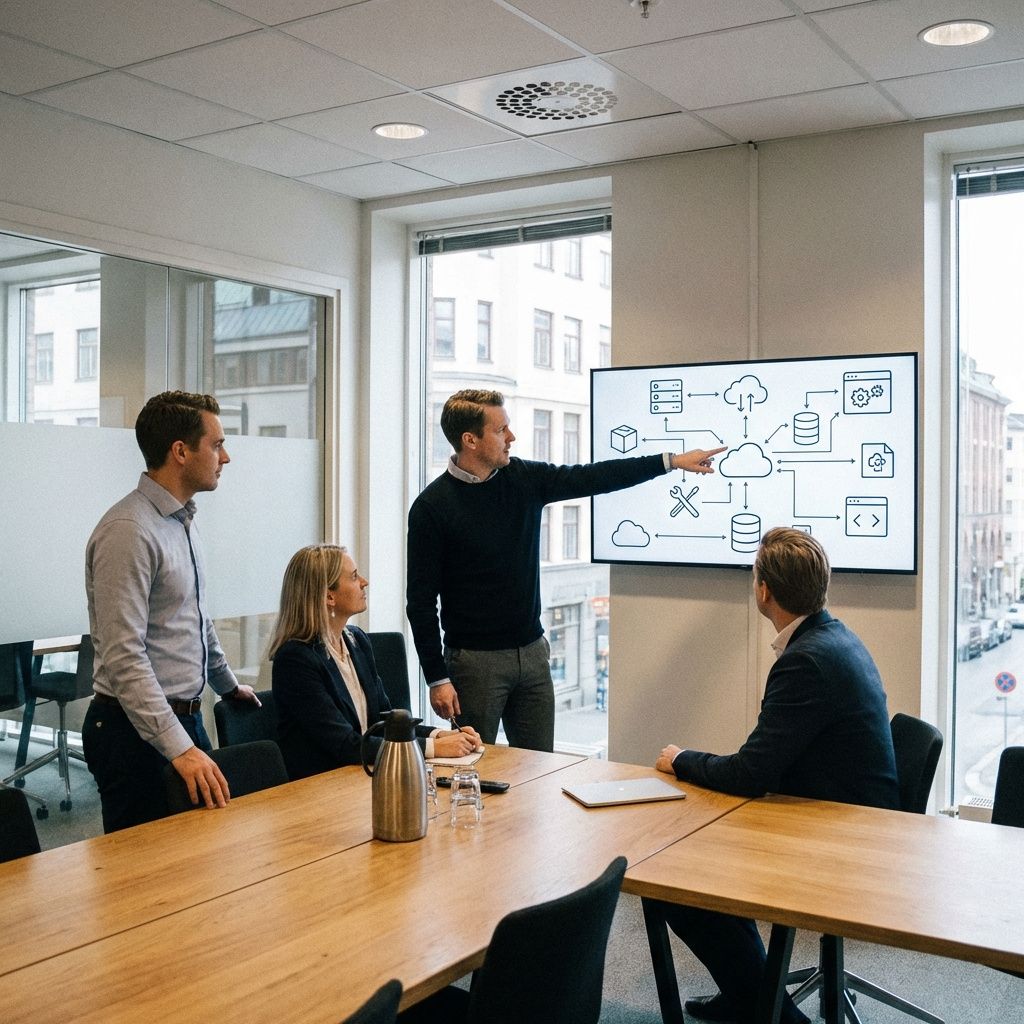 Tre medarbejdere diskuterer et systemflow på en stor skærm i et mødelokale.