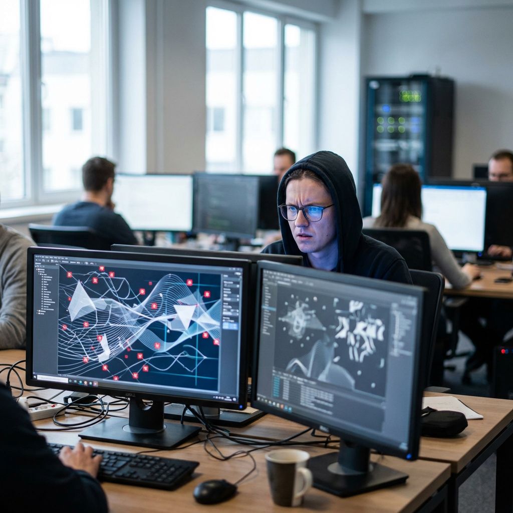Softwaretester ved dobbeltskærm i moderne kontor, som illustrerer AI og ændrede jobfunktioner.