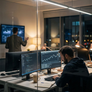 Softwareingeniør arbejder sent på et AI-system, der tester og forbedrer en agent automatisk.