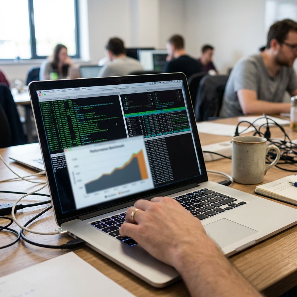 Udvikler arbejder med kode og benchmark-kørsler på en bærbar computer.