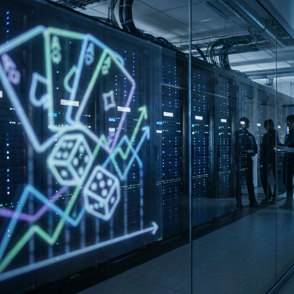 Servermiljø med refleksioner af spil- og strategiikoner, som illustrerer AI-forskning i spilteori.