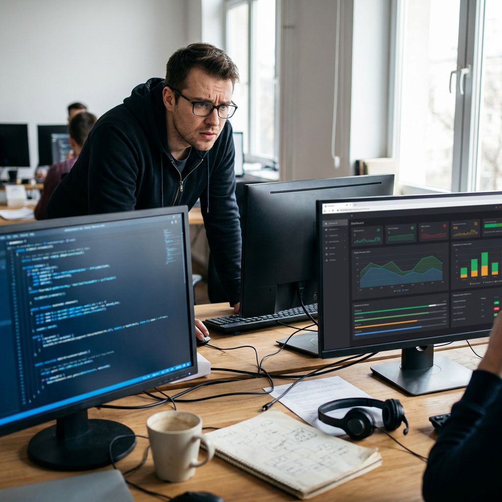 Udvikler ved to skærme arbejder tæt på produktion med kode og overvågning.