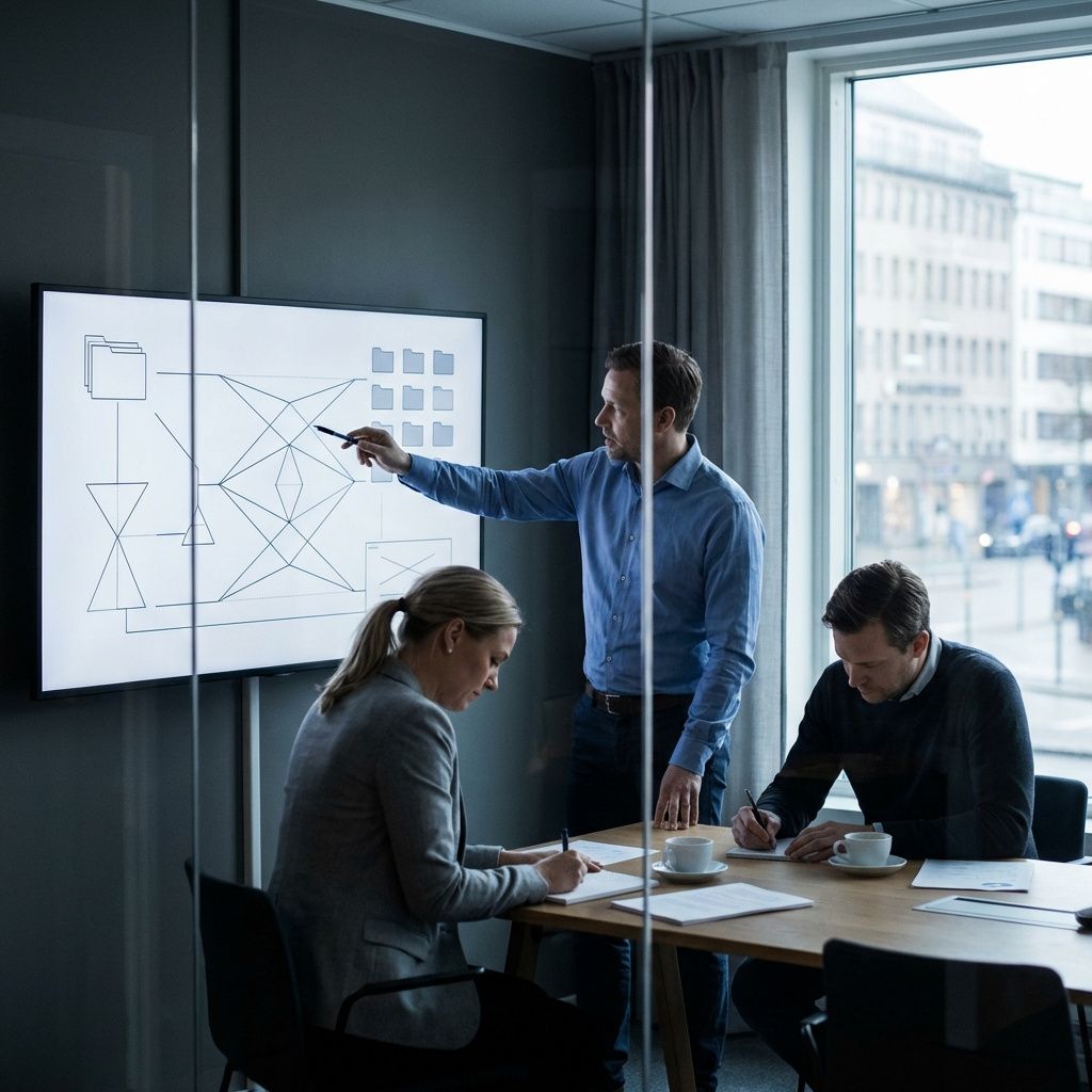 Tre medarbejdere vurderer adgang, kontrol og governance for AI-agenter i et mødelokale.