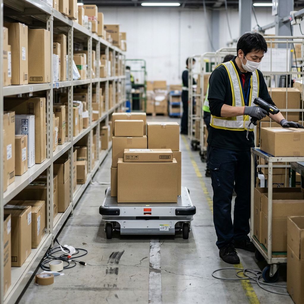 Autonom robot bevæger sig mellem reoler i japansk distributionslager