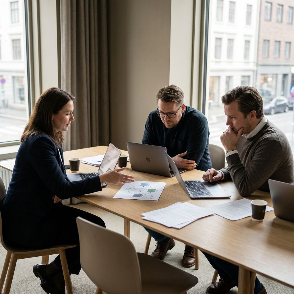Tre medarbejdere diskuterer ansvar, adgangsrettigheder og styring af AI-systemer i et mødelokale.