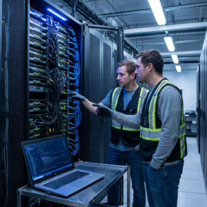 To ingeniører i en serverhal ved GPU-servere og en bærbar computer
