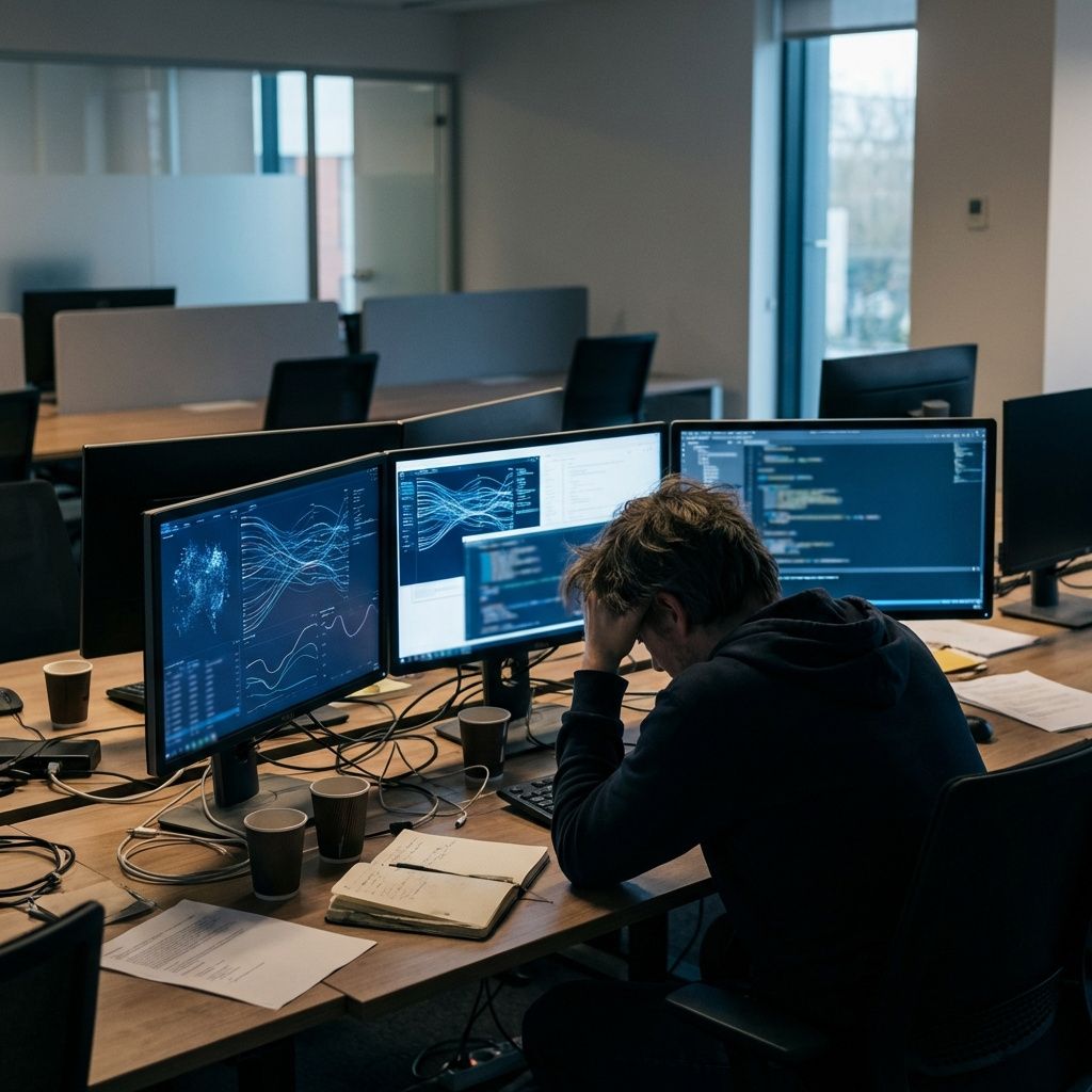 Softwareingeniør analyserer benchmarkdata og kode ved flere skærme
