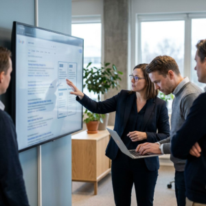 Et team i et kontor vurderer søgeresultater og dokumenter på en skærm som led i arbejdet med at forbedre en RAG-løsning.
