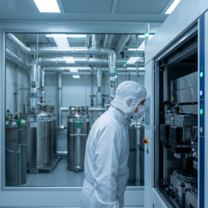 Ingeniør i renrum ved chipproduktionsudstyr med industrielle gaslinjer i baggrunden.