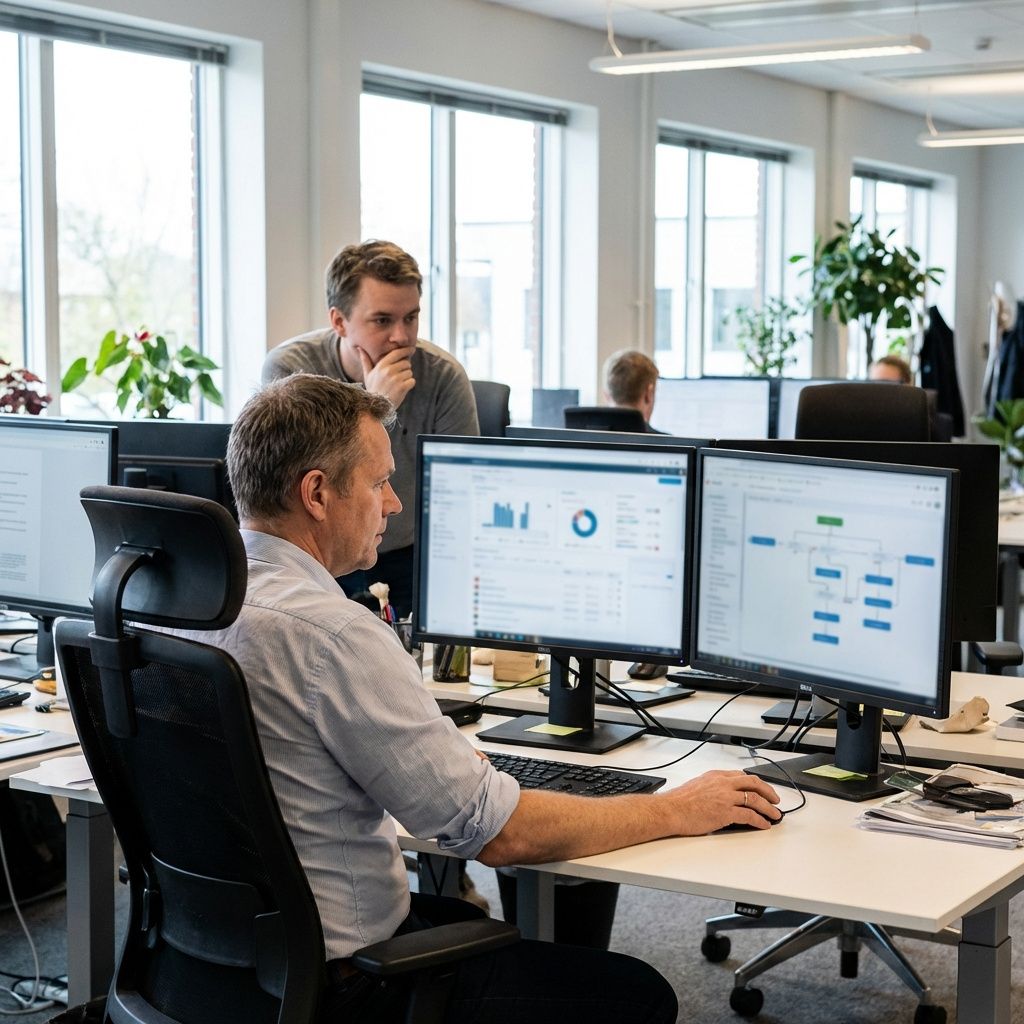 To medarbejdere arbejder med AI i hverdagen på et kontor, med fokus på små løbende forbedringer.