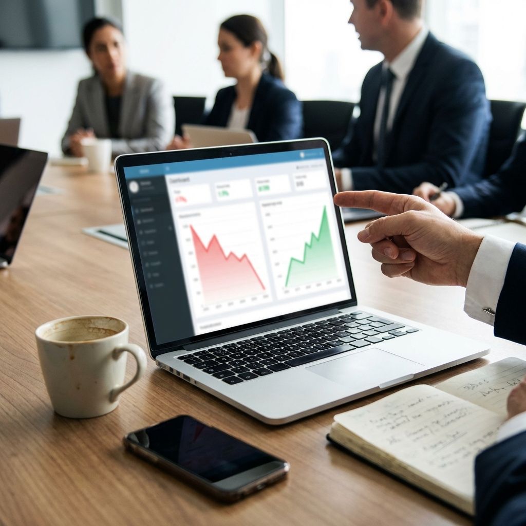En hånd peger på et anonymt analytics-dashboard på en bærbar computer i et mødelokale.